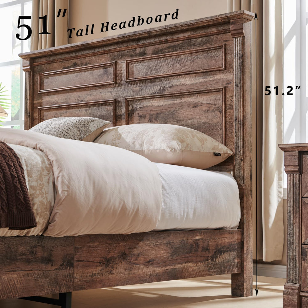 Aitjunz Farmhouse Queen Size Bed Frame w/51 Tall Headboard, Light Brown