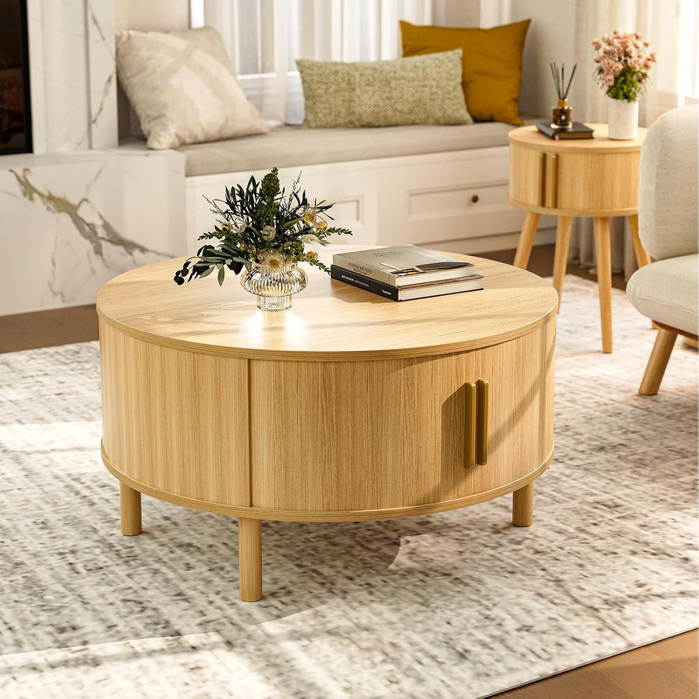 ZttRiee Round Coffee Table with Sliding Doors, Modern, Natural