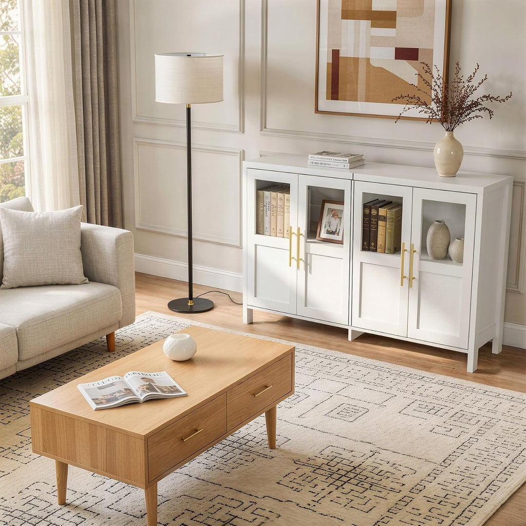 55" Sideboard Cabinet with Glass Doors, Large Buffet Cabinet with Storage and Shelves, Modern Accent Console Table for Dining Room Living Room Entryway (White a)