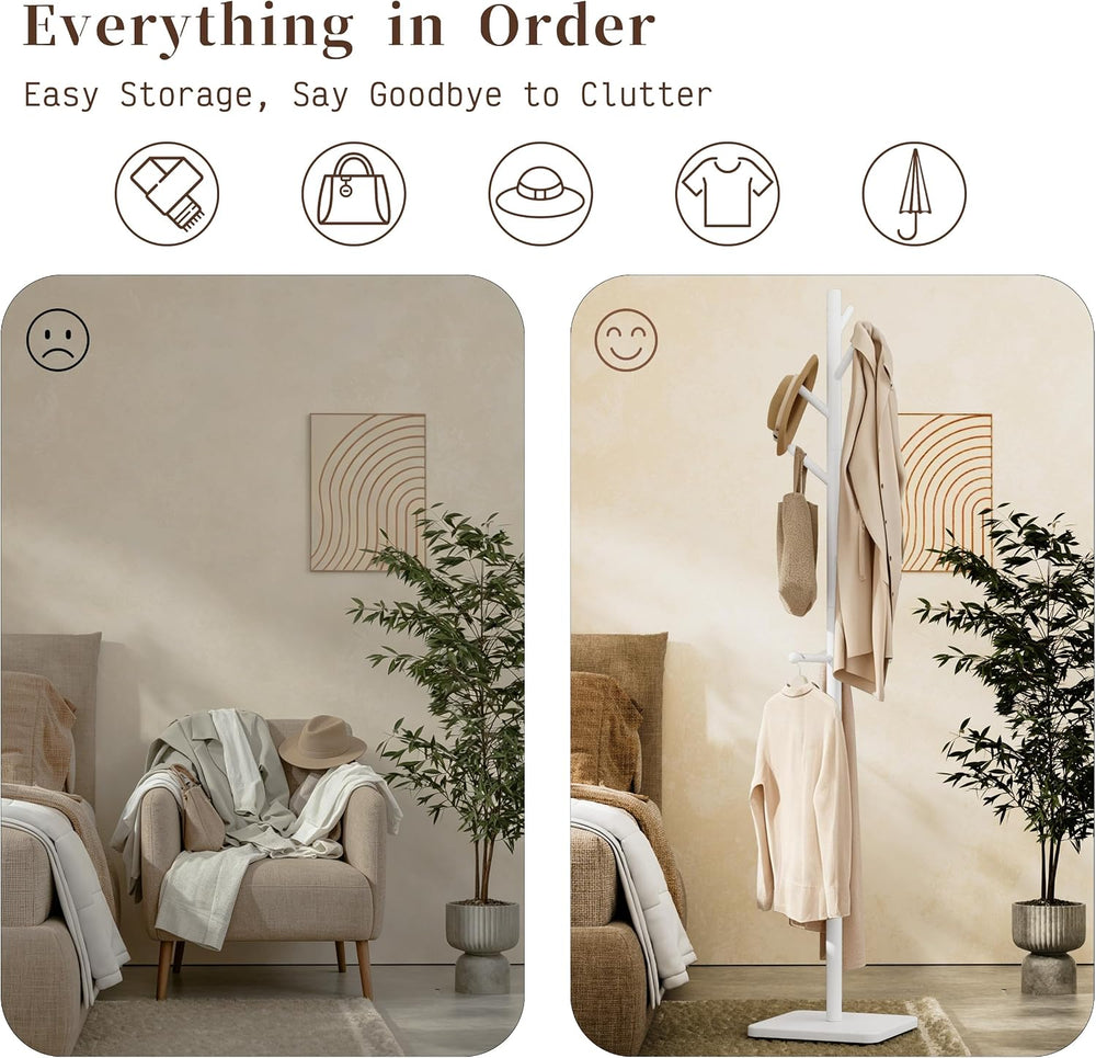 Nianerfaya Solid Wood Coat Rack, Free Standing Hall Coat Tree, White