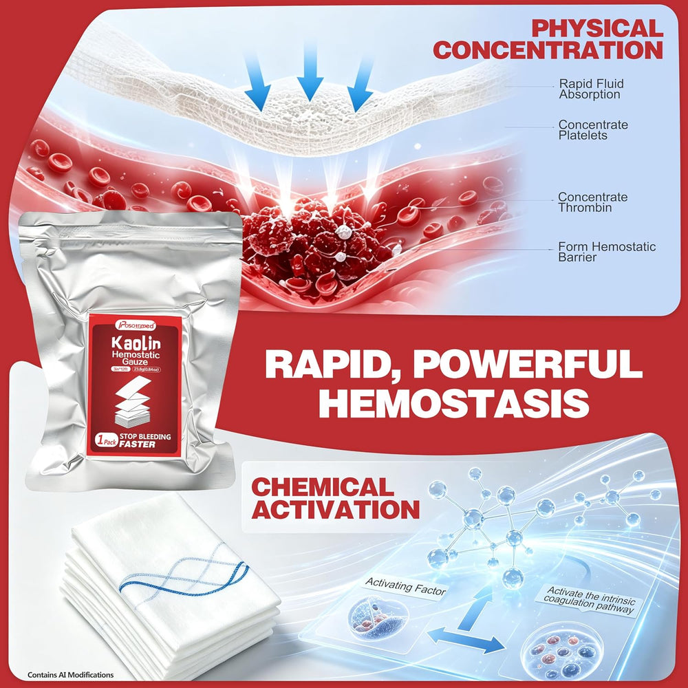 Kaolin Hemostatic Gauze for Emergency First Aid, 3 Pack