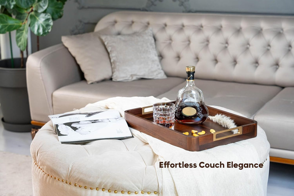 100% Acacia Wooden Serving Tray with Gold-Tone Aluminum Handles