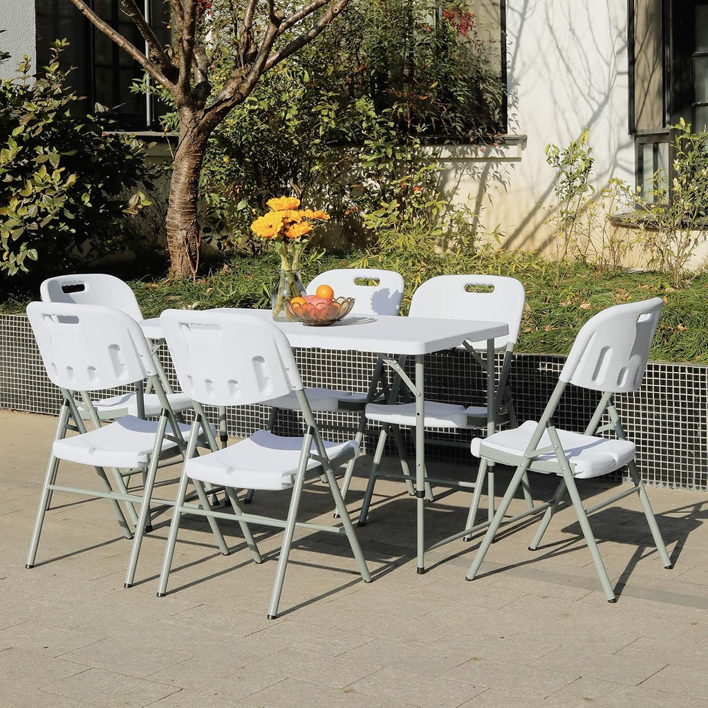 Lakhow 4FT Folding Table,3-Level Adjustable Height Heavy Duty Plastic Utility Table with Carrying Handle,White | Fold in Half,HDPE Top for Indoor Outdoor Camping Party Dining