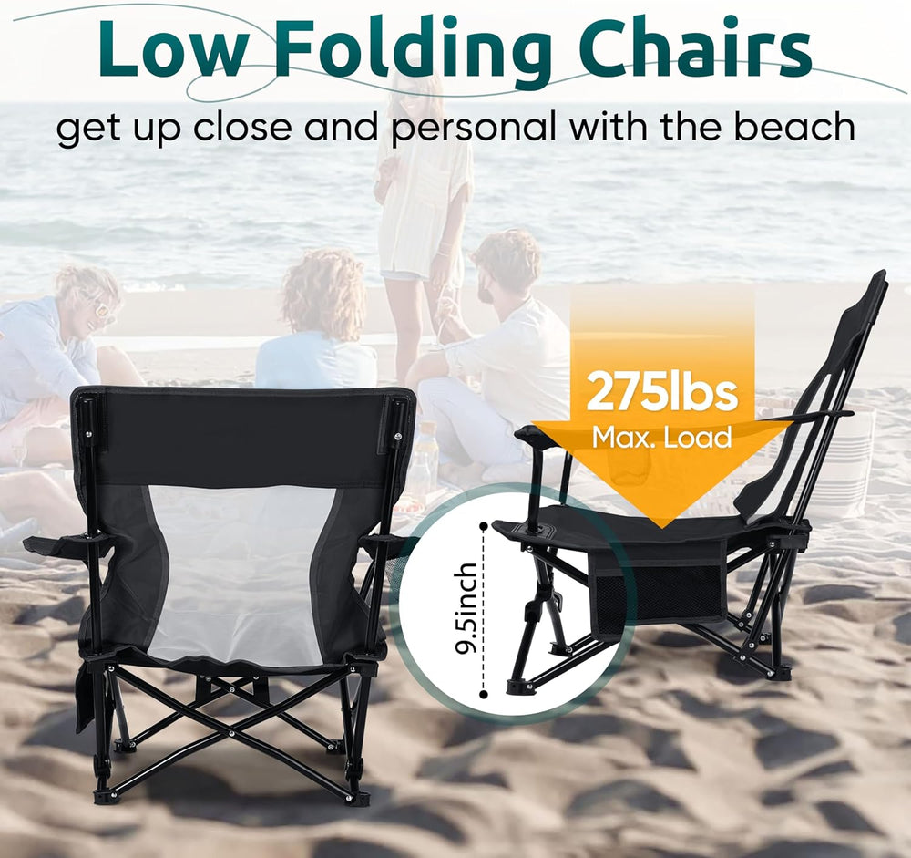 HaSteeL Low Beach Chairs, 2Pcs Folding Camping Lawn Chairs - Black