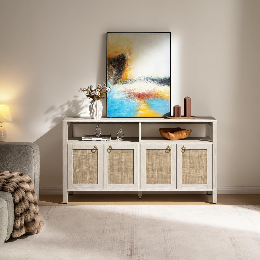 SICOTAS White Rattan TV Stand Entertainment Center Cabinet with 4 Doors