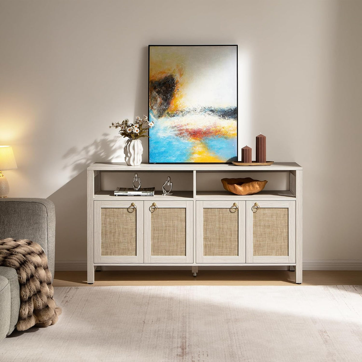 SICOTAS White Rattan TV Stand Entertainment Center Cabinet with 4 Doors