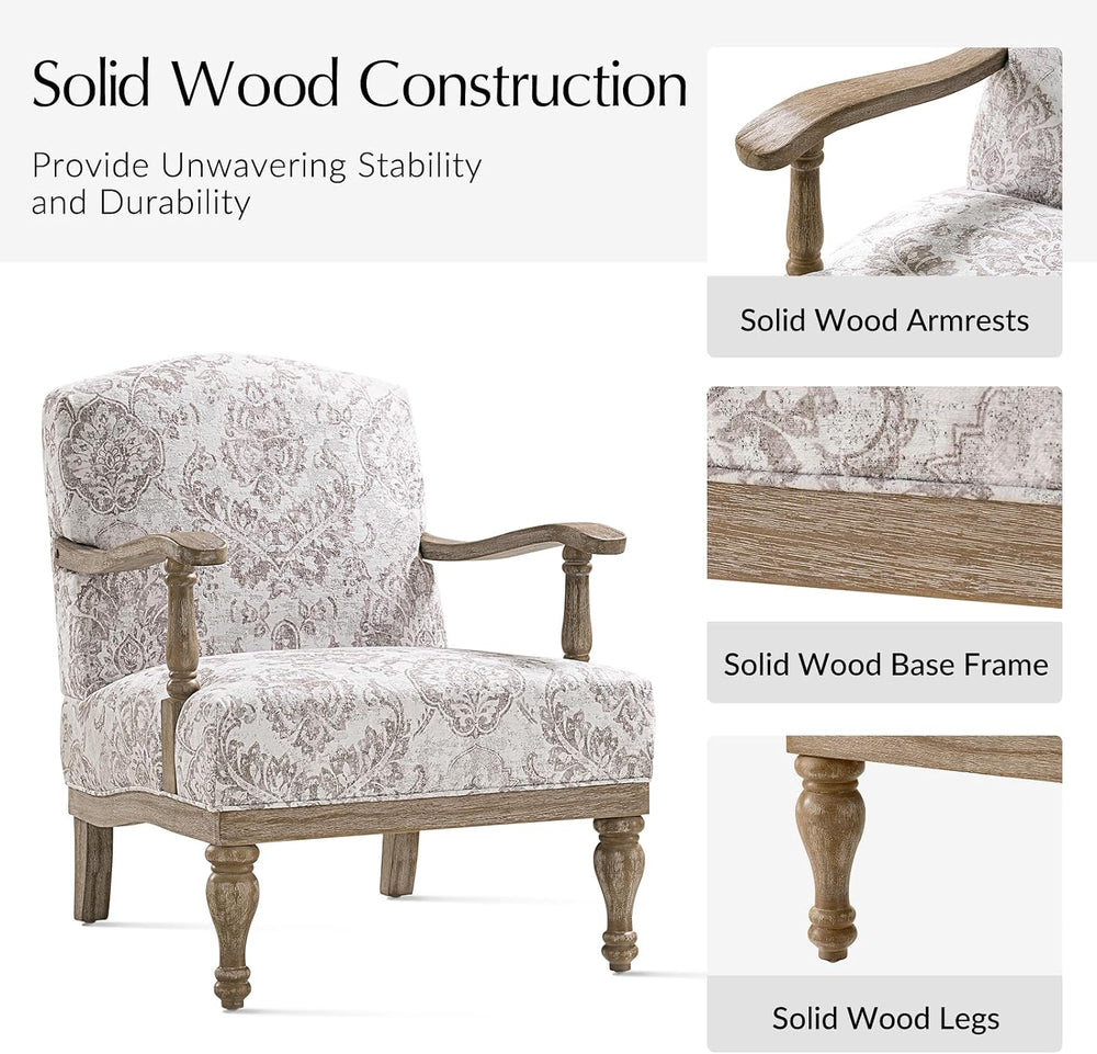 HULALA HOME Floral Accent Chair with Solid Wood Frame, Beige