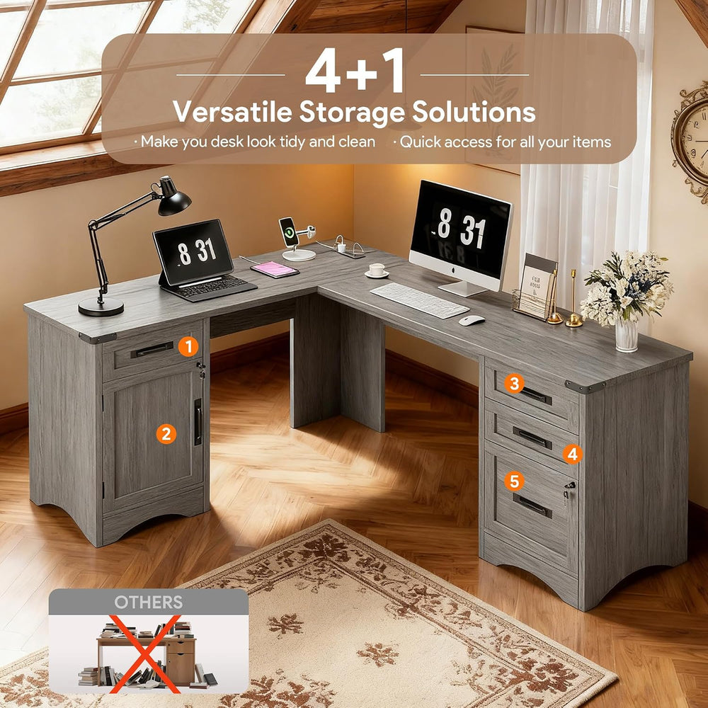 Decofy 67" Farmhouse L Shaped Standing Desk with Drawers Home Office Exe...
