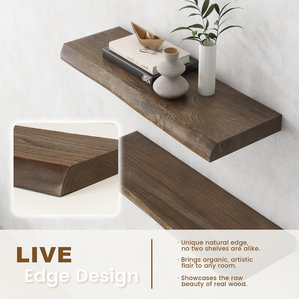 Solid Wood Floating Shelves 24 Inch, Live Edge, Heavy-Duty, Walnut, 2pcs