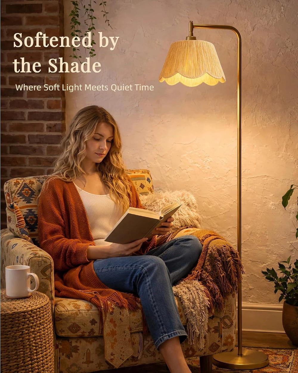 JOOFO Boho Brushed Gold Floor Lamp with Remote, Flower-Inspired Shade