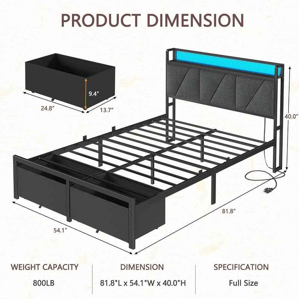 Furnulem Full Size Bed Frame with 2 Storage Drawers & Upholstered Headboard