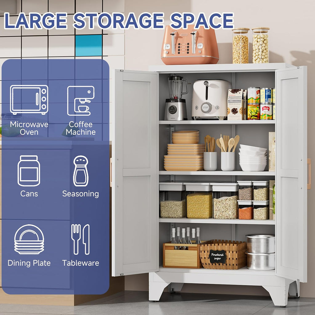 46.06" White Metal Storage Cabinet, 2 Door Adjustable Shelves Freestanding Pantry Cabinet (White, 11.81" D x 23.62" W x 46.06" H)