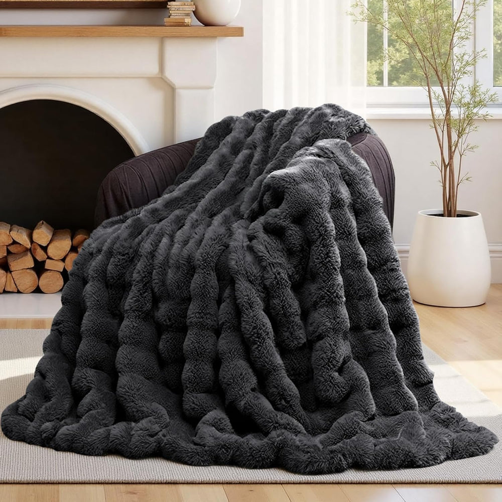 Lotus Karen Faux Fur Blanket Dark Gray Twin Size - Big Bubble Rabbit Fluff Th...