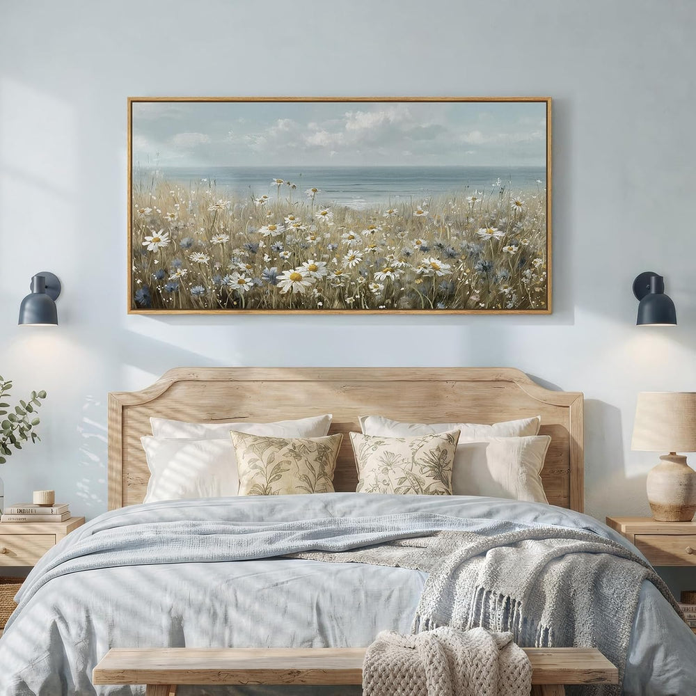 Large Framed Coastal Wildflower Landscape Wall Art for Living Room, 60x30