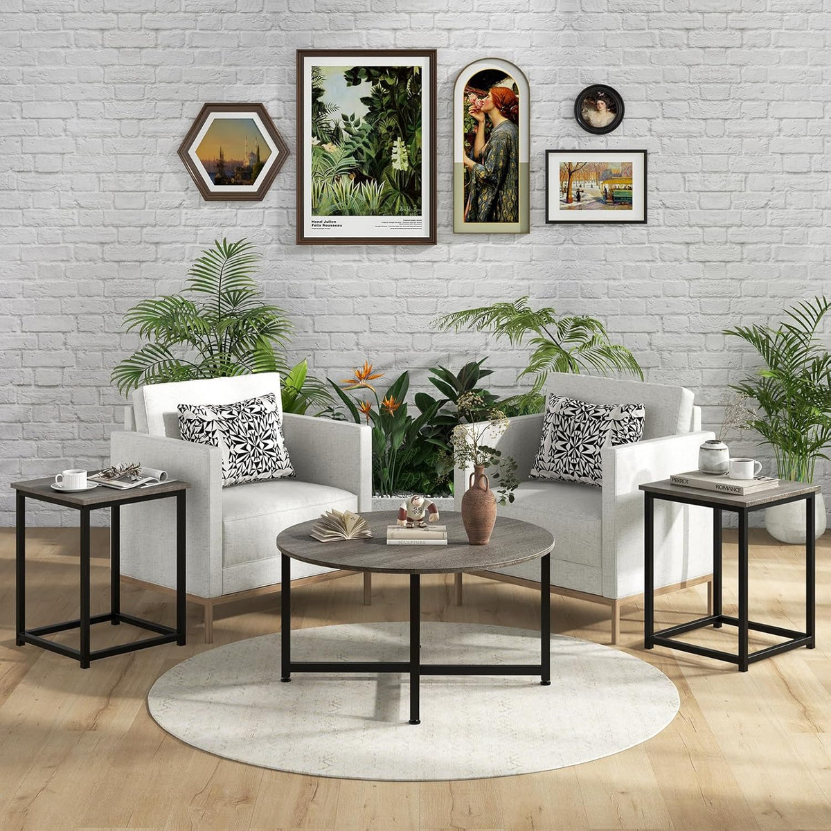 GIANTEX Round Nesting Table Set of 3, Farmhouse Living Room Table Set, Oak | Modern Coffee Table w/2 End Tables, Sturdy Metal Frame, 3-Piece Coffee Table for Home Office, Apartment