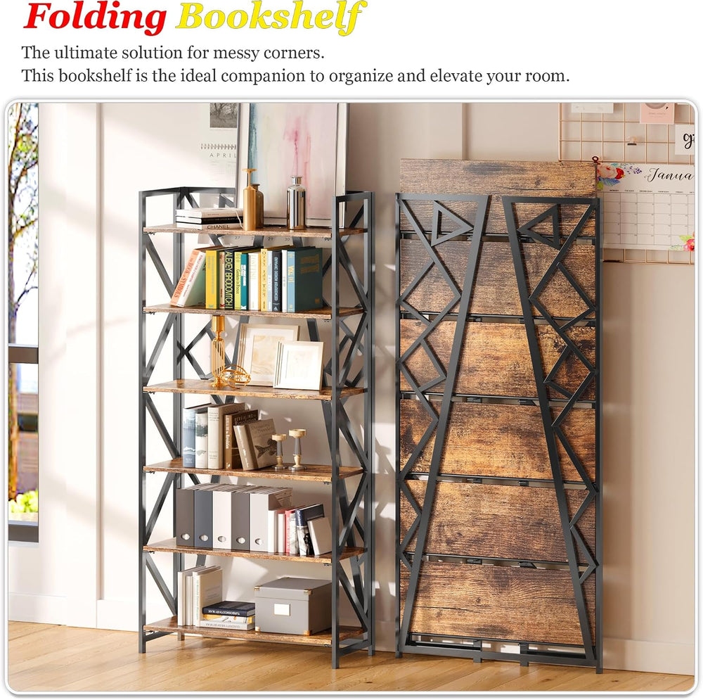 UDD No Assembly Folding Bookshelf, 61.9" H x 23.6" W, 6 Tier Foldab...