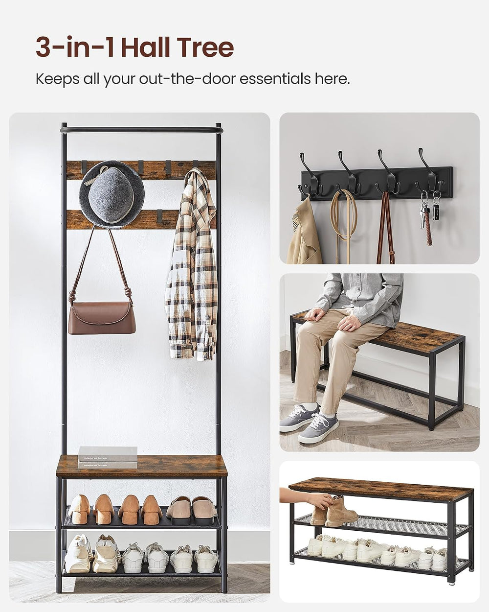 VASAGLE Hall Tree with Bench and Shoe Storage, 9 Movable Hooks, Top Bar
