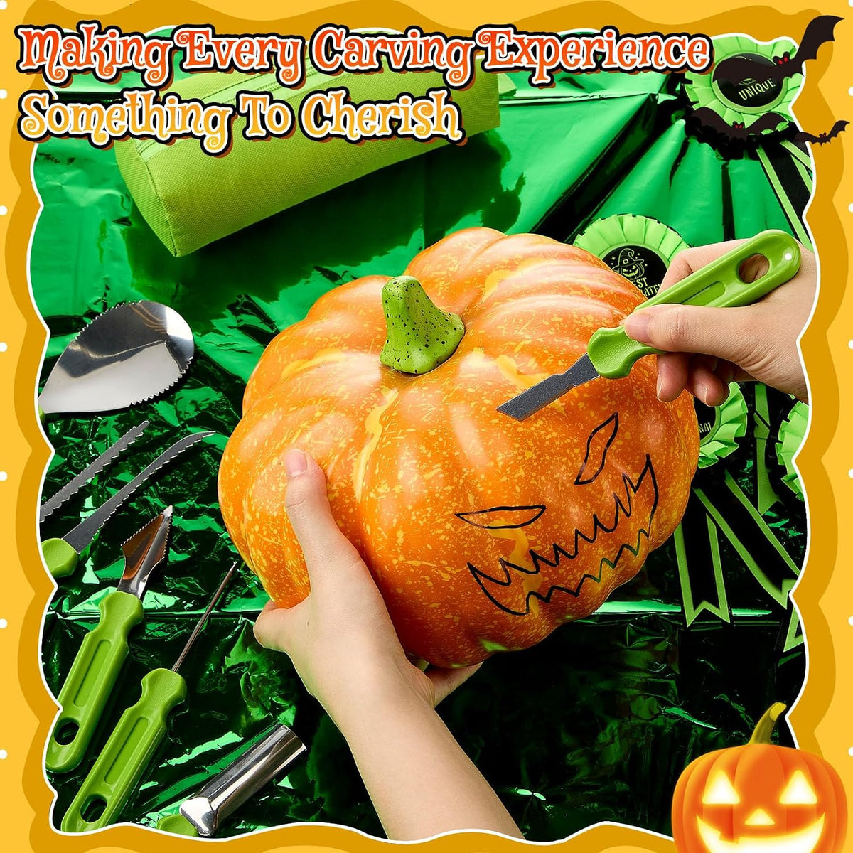LemonRoad 20 Pcs Halloween Pumpkin Carving Kit Includes 6 Carving Tools, 2 Tablecloth, 6 Awards Ribbon, 6 Apron, Halloween Decor for Pumpkin Party supplies