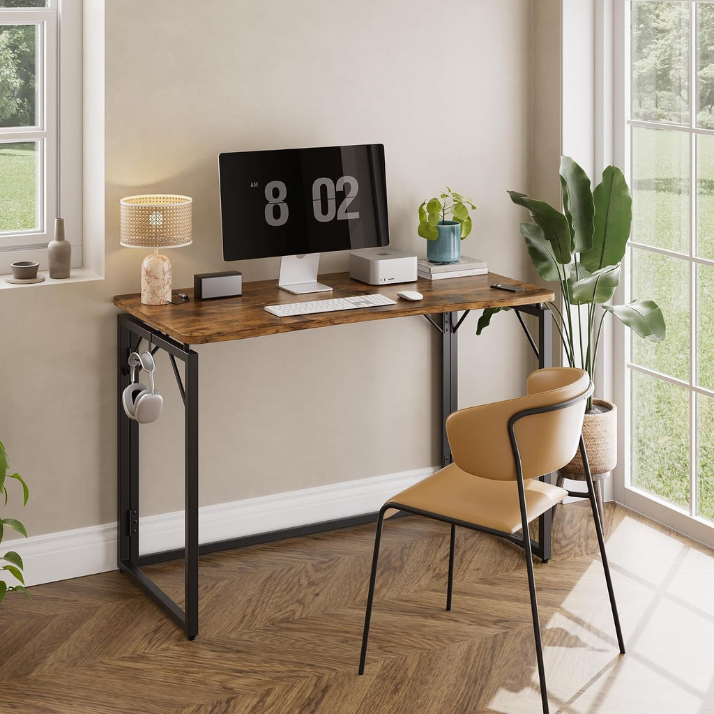 JOYMOOP 31.5" Rustic Brown Folding Desk No Assembly, Wooden Top, Small Size