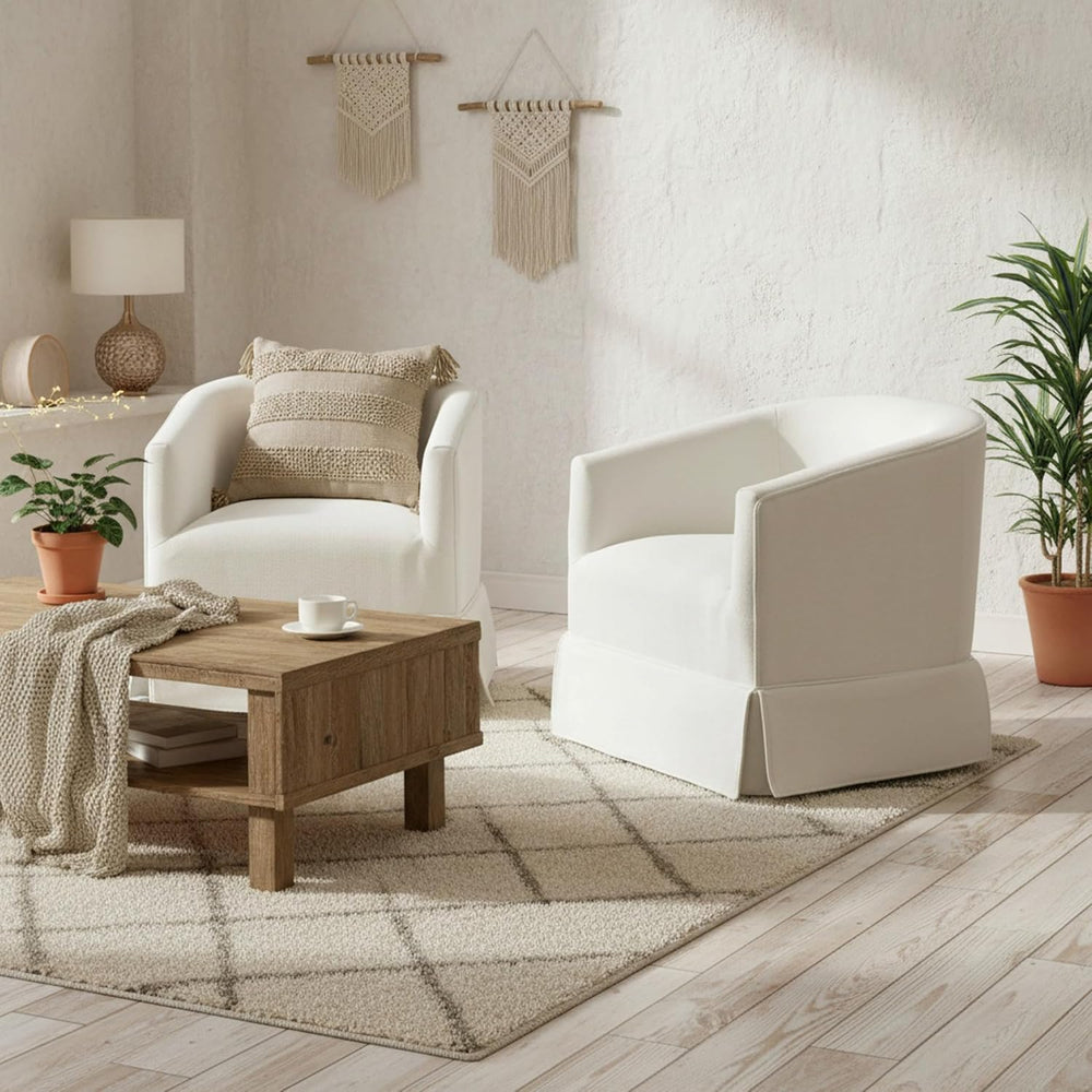 Swivel Accent Chair, Barrel Chair with Skirted Base, Cream White
