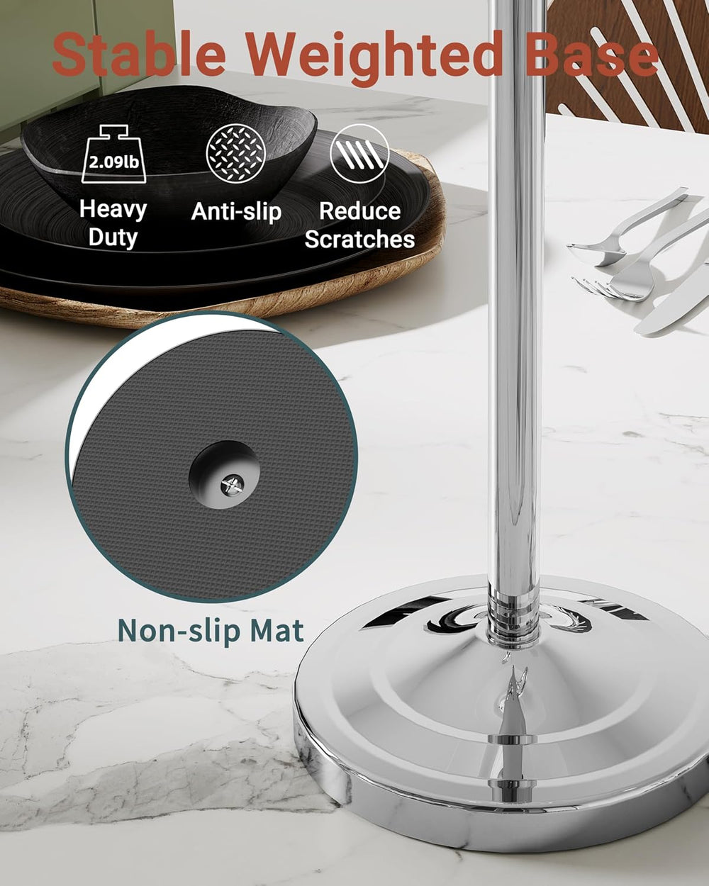 Chrome 18" Hand Towel Holder Stand with Double Ring, Weighted Base