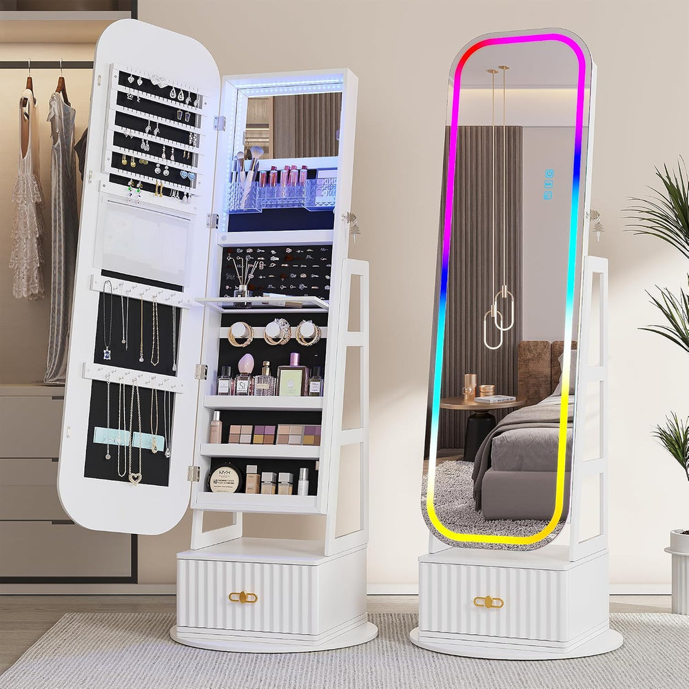 Swivel Jewelry Armoire, Vanity Mirror, Drawers, Lights, White