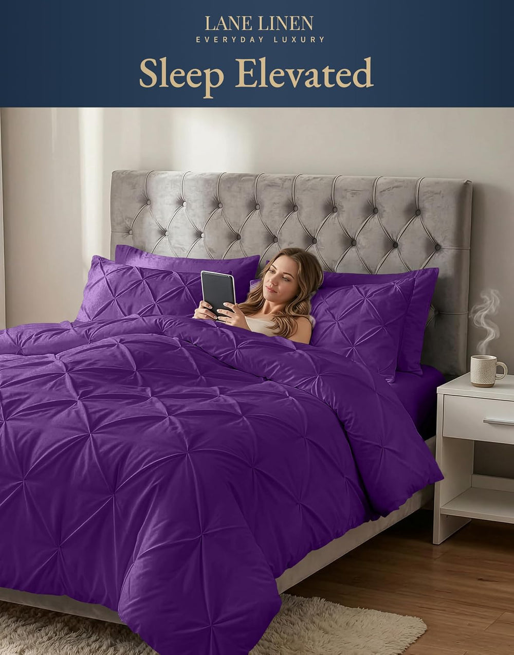 LANE LINEN 7 Piece California King Comforter Microfiber All Season - Purple