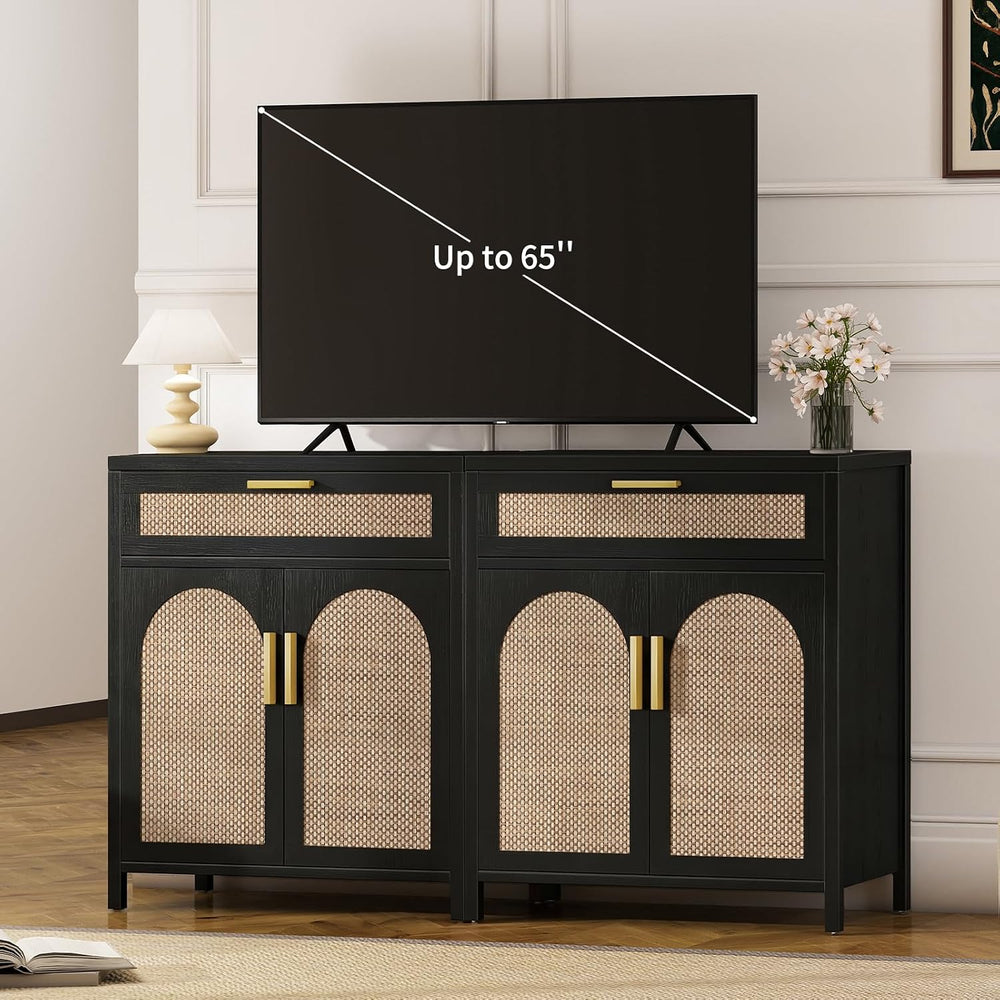 Rattan Buffet Cabinet with Storage Set of 2, Sideboard Cabinet with Doors and...