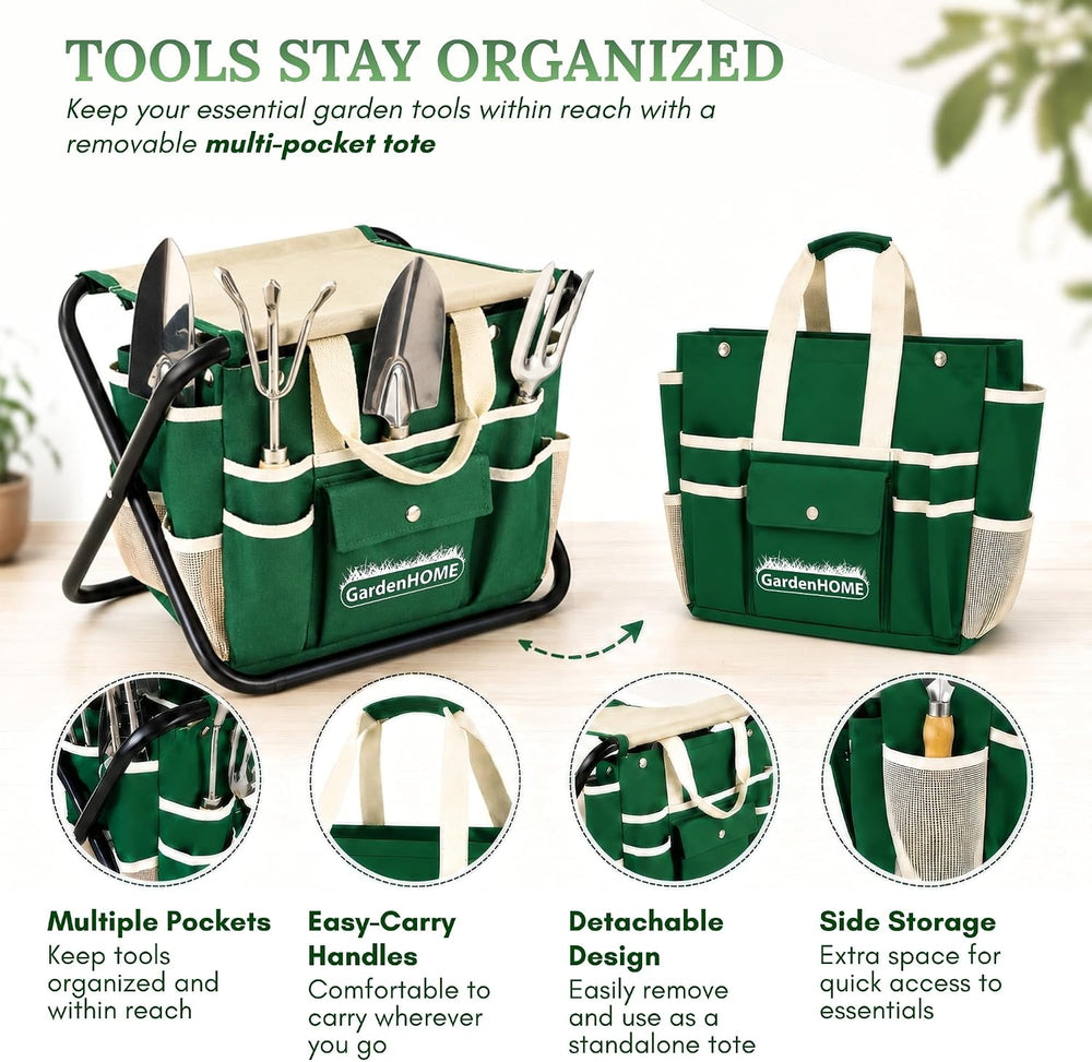 GardenHOME 7-Piece Garden Tool Set with Folding Stool & Storage Tote
