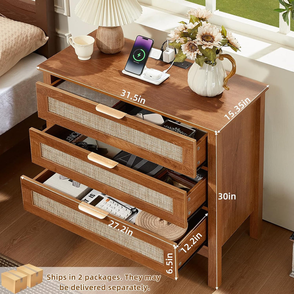 LEYAOYAO 31.5" Wide Rattan Nightstands Set of 2 with Charging Station