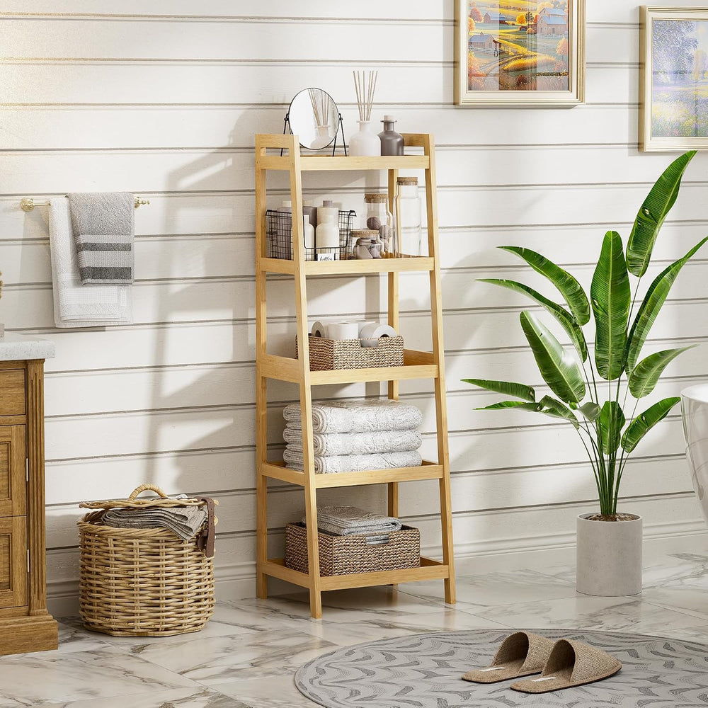 Bookshelf, 5 Tier Ladder Bookcase with Bamboo Frame, Freestanding Tall Narrow...