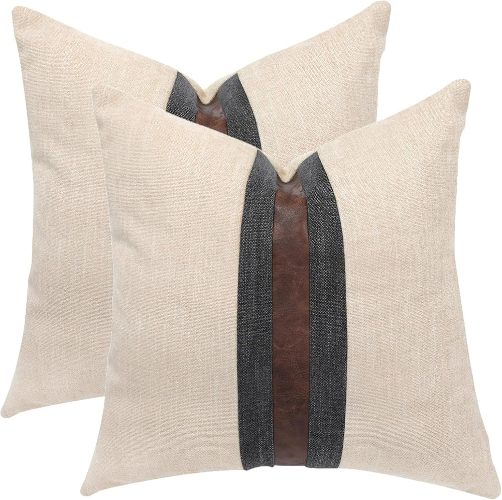 Set of 2 Leather Throw Pillow Covers Cotton Linen Decor Patchwork Pillow Cove...