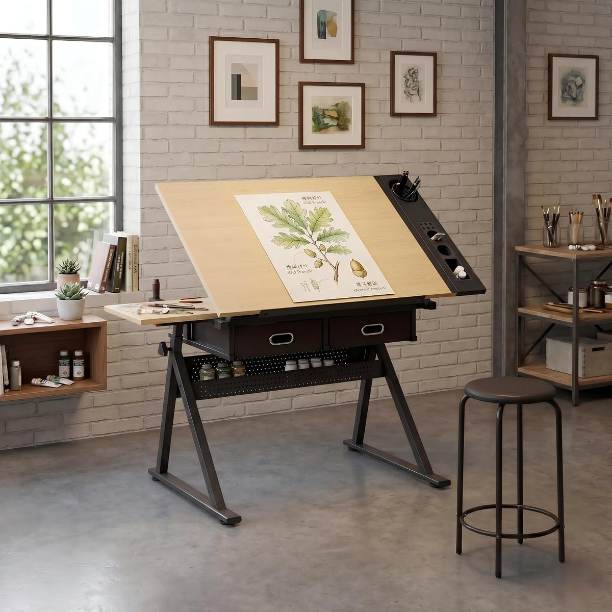 Adjustable Drawing Table with 2 Drawers & Stool, for Art & Work