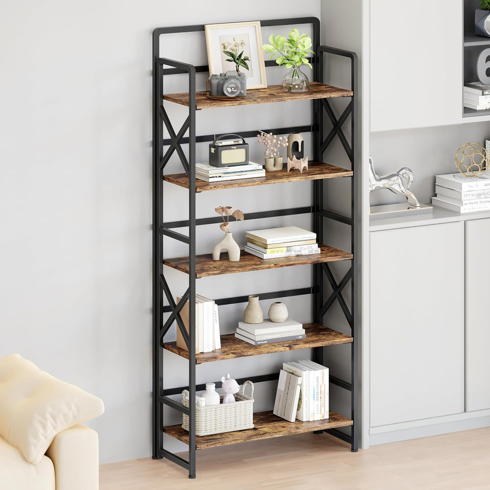 Folding Bookshelf 5 Tiers,No Assembly,55.3''H Metal Storage,Rustic Brown