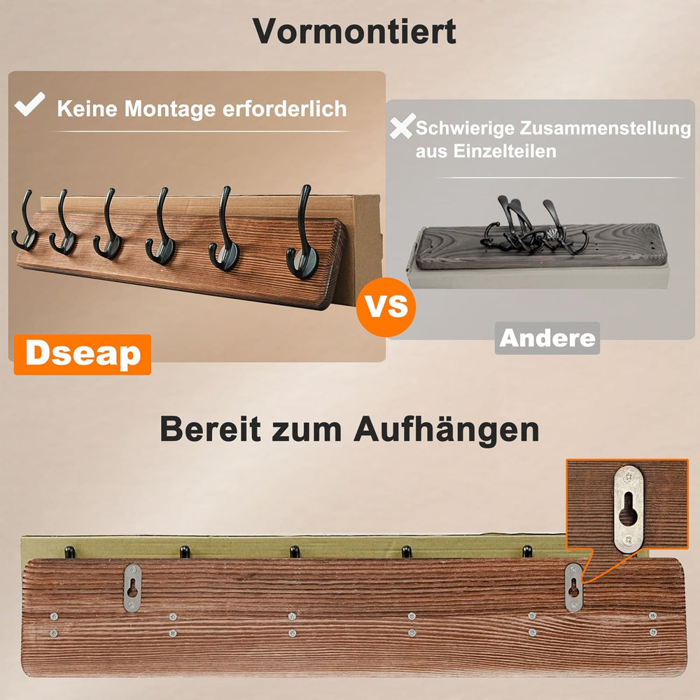 Dseap Coat Rack Wall: 24" Long, Patented, Heavy-Duty, 6-Double-Hooks Woo...
