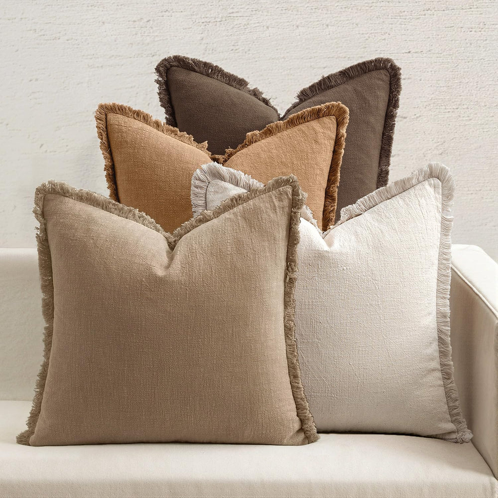 MIULEE Fall Linen Fringe Pillow Covers Set of 4 18x18 Neutral Brown
