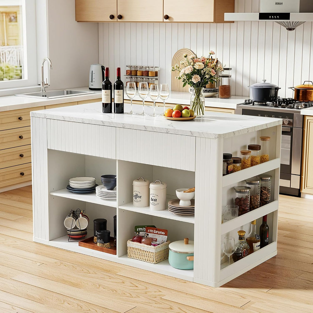 59" Kitchen Island with Storage & Seating for 2, Modern Stationary K...