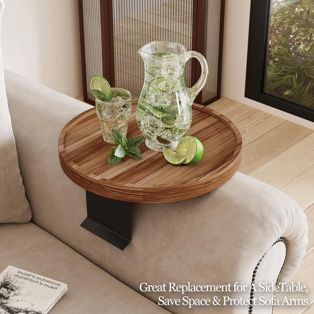 Acacia Wood Couch Arm Tray Table,Anti-Slip Adjustable Round Sofa Arm Tray,Woo...