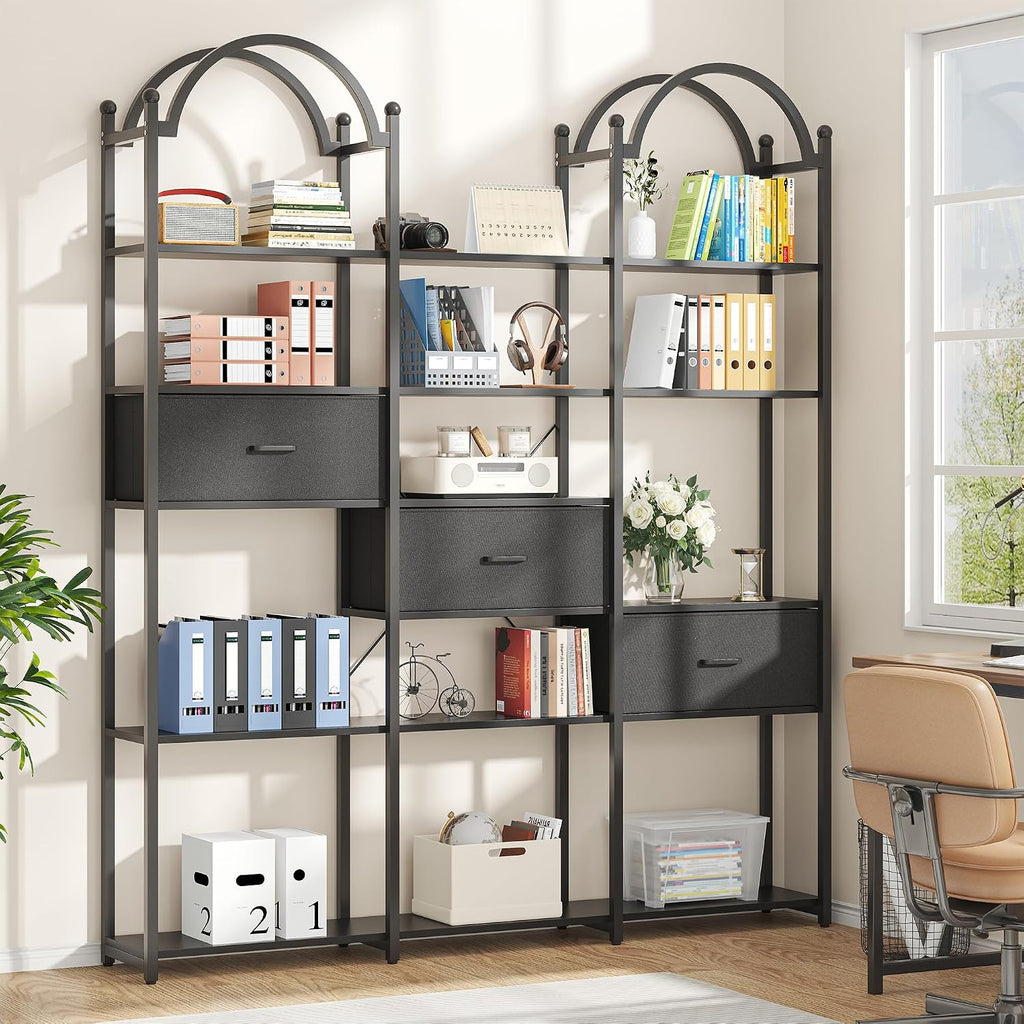 83.5" Tall Arched Bookshelf, Triple Wide 6-Tier Large Open Book Shelf with 3 Drawers Storage, Etagere Bookcase with Display Shelf, Industrial Bookshelf with Metal Frame for Living Room, Black