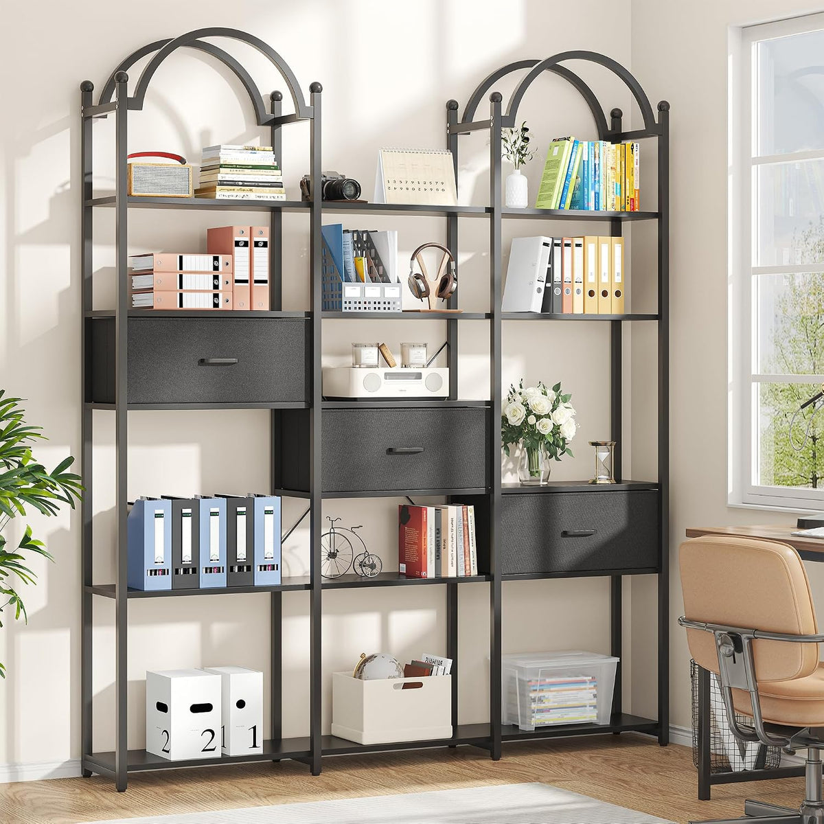 83.5" Tall Arched Bookshelf, Triple Wide 6-Tier Large Open Book Shelf with 3 Drawers Storage, Etagere Bookcase with Display Shelf, Industrial Bookshelf with Metal Frame for Living Room, Black