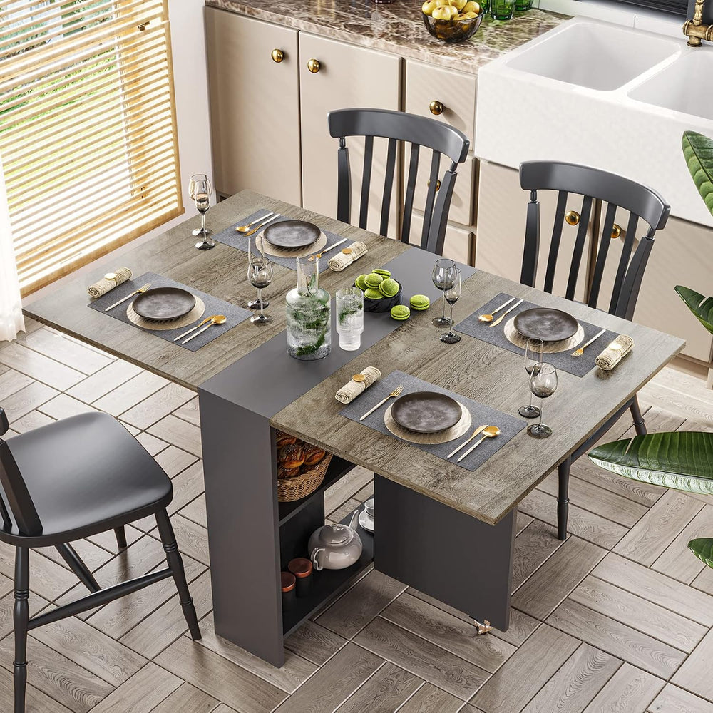 Tiptiper Folding Dining Table with 2 Storage Racks, Drop Leaf Table with 6 Wh...