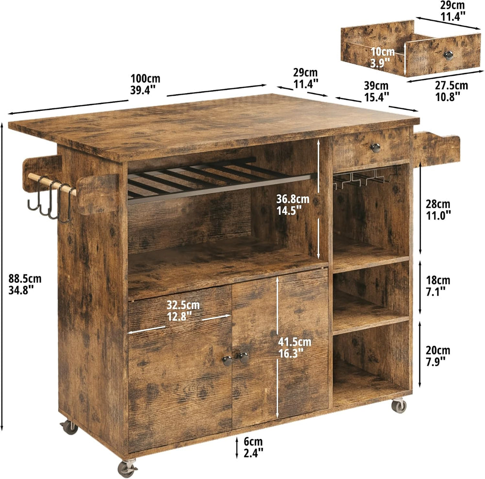 IRONCK Rolling Kitchen Island Cart with Drop-Leaf and Wine Rack, Brown