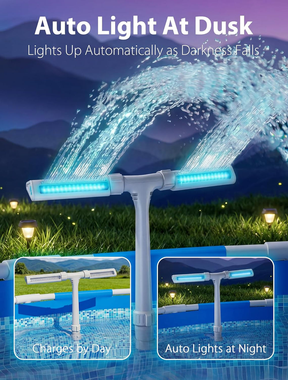 Solar Pool Fountain with Lights for Above & Inground Pools, White