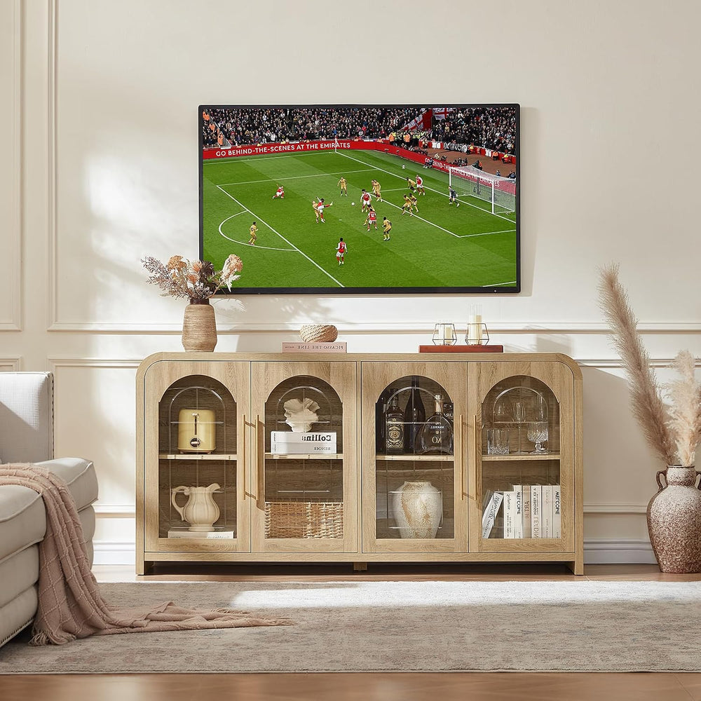 65" Sideboard Buffet Cabinet with Arched Glass Doors, Natural