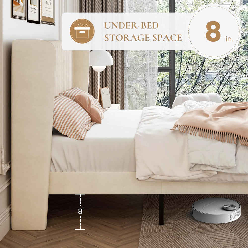 SHA CERLIN Queen Size Velvet Bed Frame, Tufted Wingback Headboard, Cream