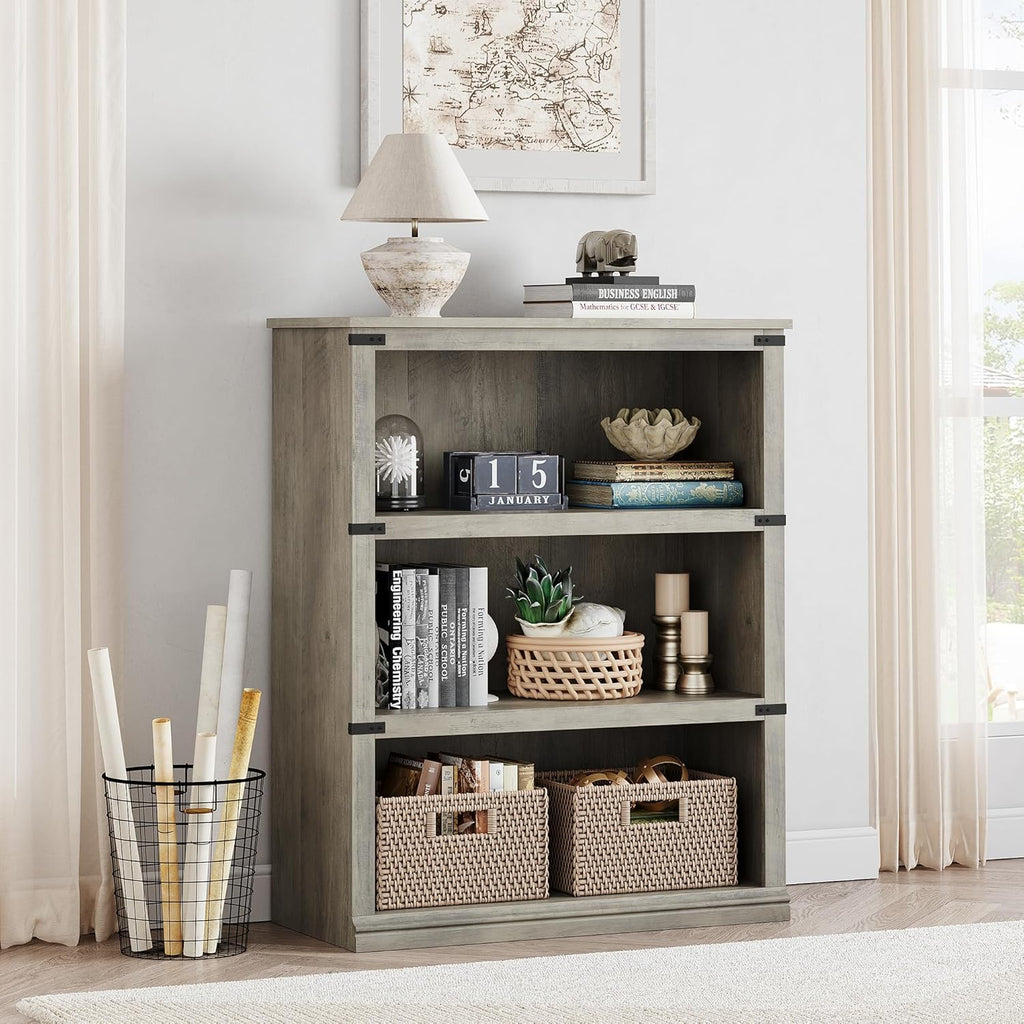 GarveeHome 3 Tier Farmhouse Bookcase, 39.9 in Tall Book Shelf with Storage