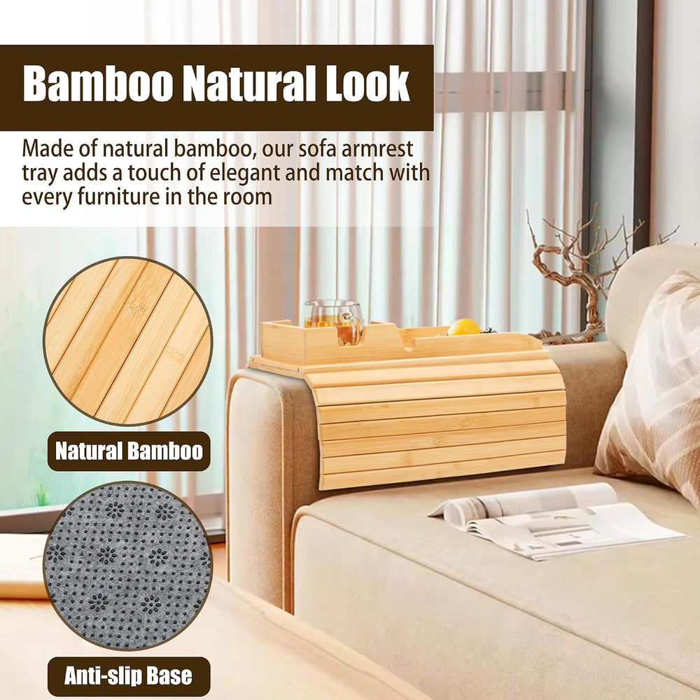 2 Pack Bamboo Couch Cup Holder, Foldable and Anti-Slip Sofa Arm Table with De...