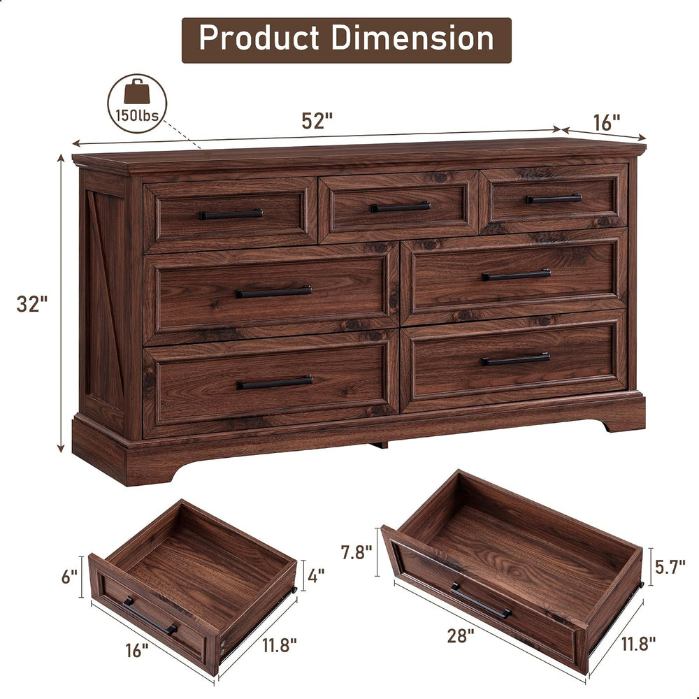 ACCOHOHO 7 Drawer Dresser, 52" Wide Farmhouse Chest for Bedroom, Brown