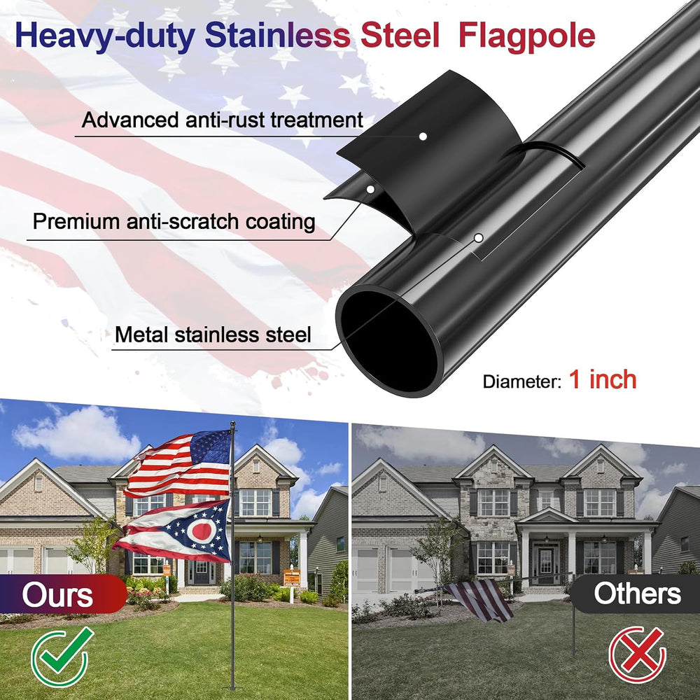 Ground Flag Pole Kit, 9.5 ft Adjustable, Stable 3-Prong Stake, 3x5 US Flag
