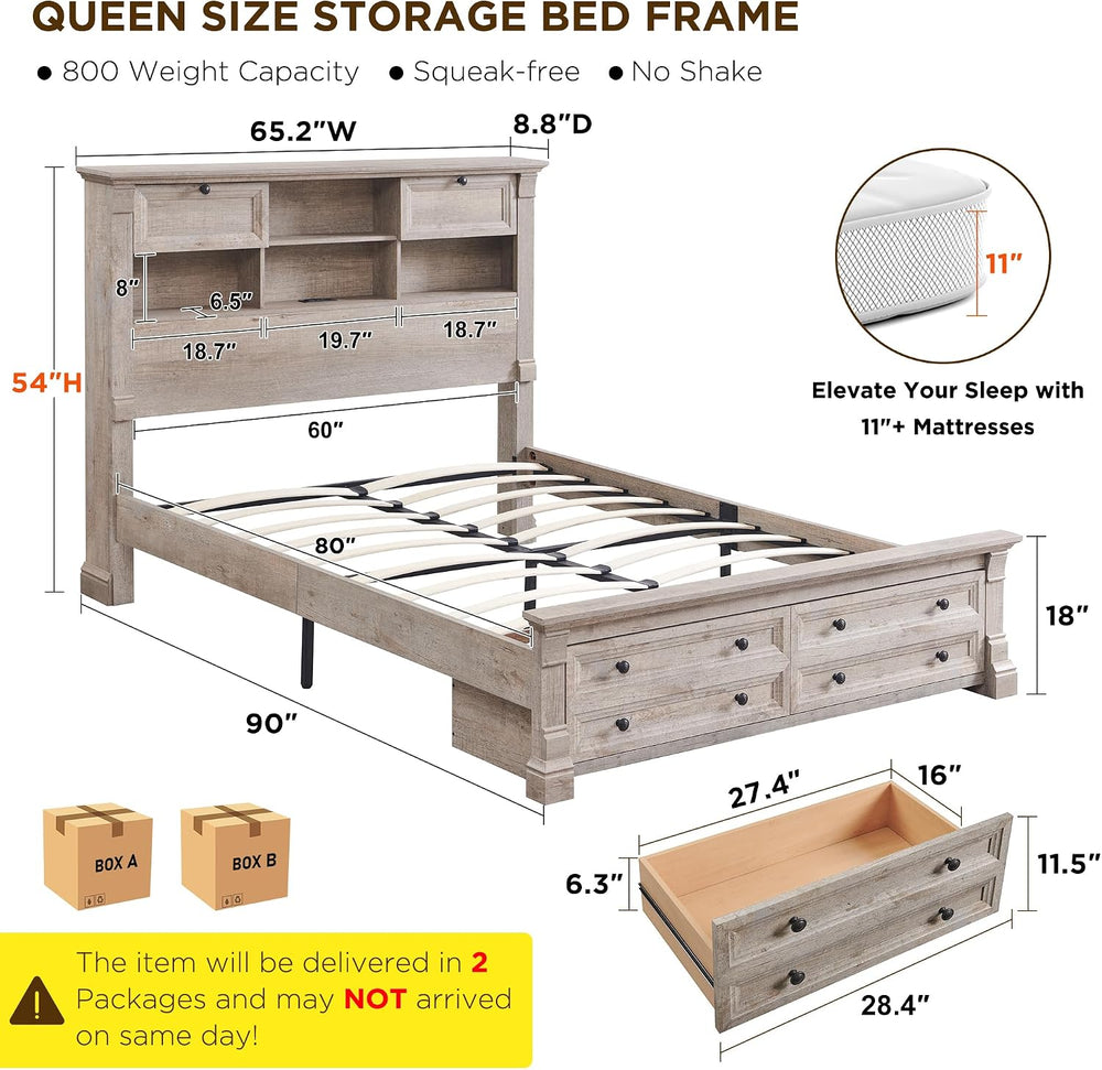 Queen Size Bed Frame 2 Drawer & 4 Storage Rack Headboard Charging Station